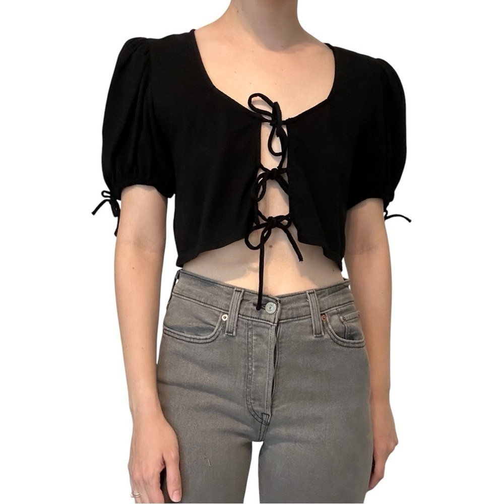 Free People Puff Sleeve Top Tie Front Black Boho Summer Cotton Size Small